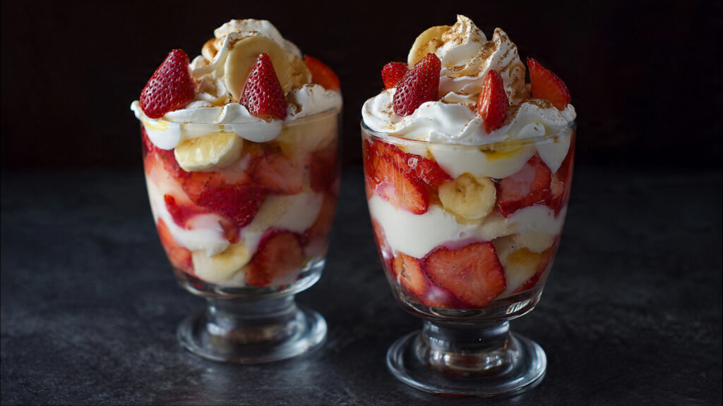 A stunning glass trifle bowl of layered Strawberry Banana Pudding Dream, topped with elegant whipped cream swirls, fresh strawberries, and buttery Chessman cookies.