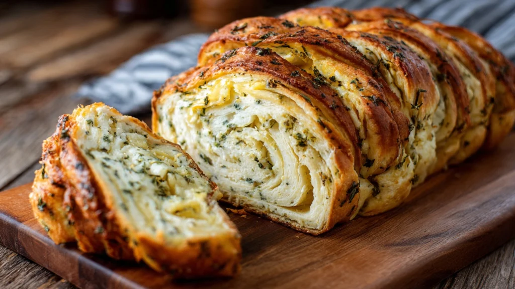 Garlic herb cheese filling spread on dough for swirled cheese bread