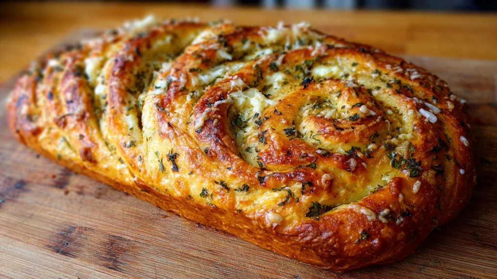 Swirled garlic herb and cheese bread sliced with melted cheese and herbs