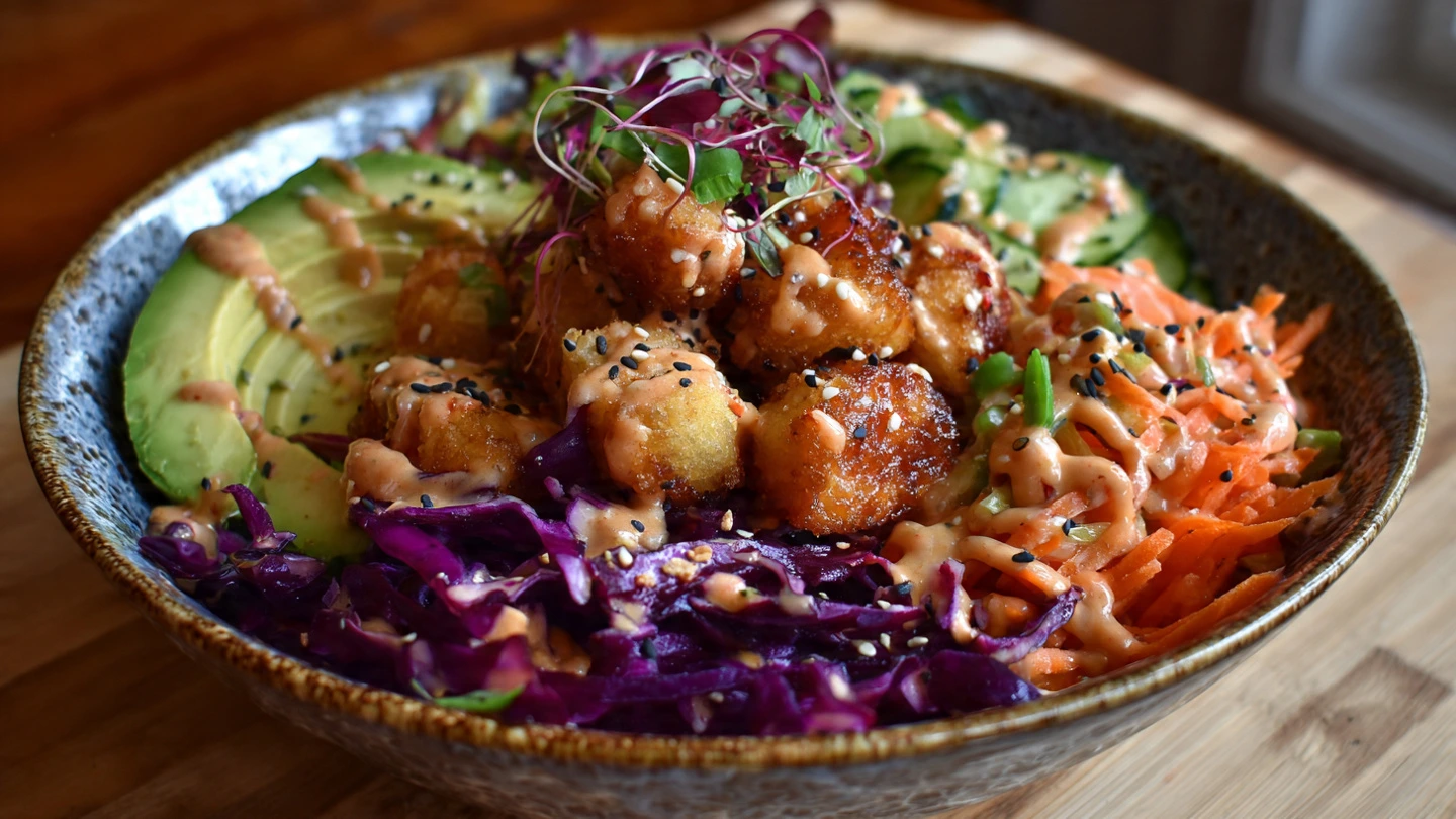 A colorful and appetizing crunchy roll bowl in a blue and white patterned bowl, featuring crispy shrimp tempura, sliced avocado, edamame, and cucumber on a bed of white rice, generously drizzled with spicy mayo.