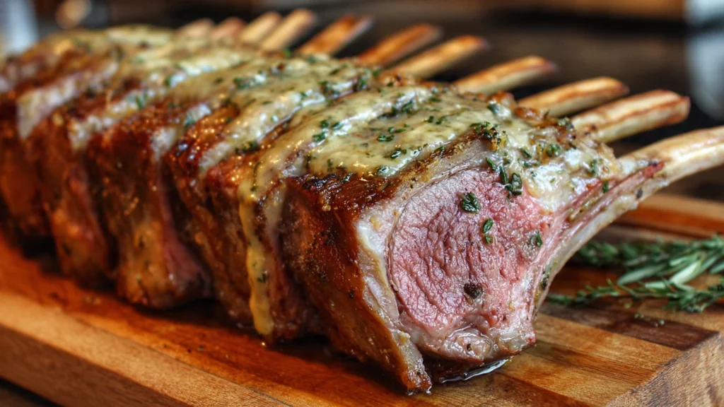 A frenched rack of lamb searing fat-side down in a cast-iron skillet, creating a golden-brown crust.