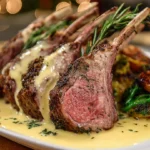 A close-up of a perfectly cooked roasted rack of lamb with a golden-brown herb crust, sliced to reveal a juicy, pink interior.