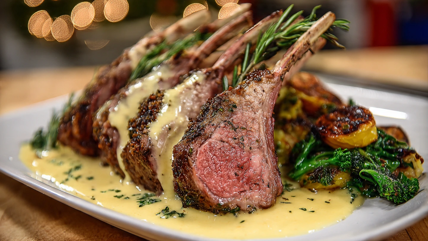 A close-up of a perfectly cooked roasted rack of lamb with a golden-brown herb crust, sliced to reveal a juicy, pink interior.